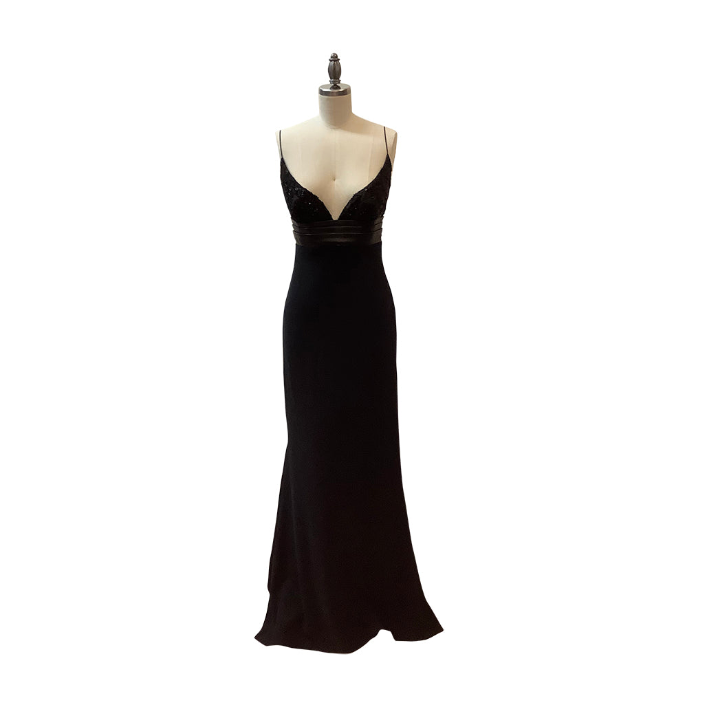 carmen marc valvo black dress Gown – Encore Consignment Regular Price overlap Grecian neckline Allen Edmonds Park Avenue US Sizes:10 Men's = 11.5 Women's